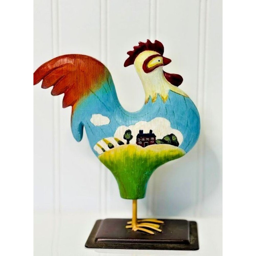 VTG Hand Painted Folk Art/Farmhouse Rooster Figurine on Metal Base  Russ Berrie